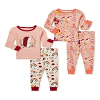 Wonder Nation Bebek ve Yürümeye Başlayan Kız Pamuklu Pijama Takımı, 4'lü, Beden 12M-5T