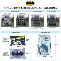 Batman Kids Bir Çantada İkiz Yatak, Yorgan Çarşaf Seti ve Bonus Tote, Gri ve Siyah, Warner Bros