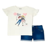 Kız Çocuk Grafik Jarse Tişört ve Kot Şort, 2 Parça Kıyafet Seti, 4-16 Beden