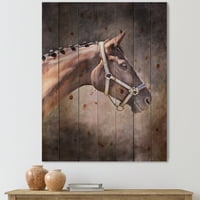 Designart 'Kahverengi Atın Yakın Portresi' Çiftlik Evi Doğal Çam Ağacına Baskı