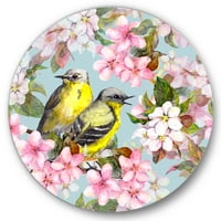 Designart 'Pembe Kiraz Sakura ve Elma Çiçekleri Üzerindeki Kuşlar II' Geleneksel Daire Metal Duvar Sanatı - 36'lık