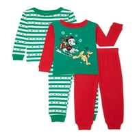 Mickey Mouse Noel Tatili Yürüyor Boys Uzun Kollu Snug Fit Pamuk Pijama, Set