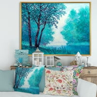 Riverside çerçeveli boyama tuval sanat baskı tarafından mavi renkli ağaç izlenim