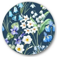 Designart 'Lacivert Üzerine Mavi ve Beyaz Bahar Çiçekleri' Geleneksel Daire Metal Duvar Sanatı - 36'lık Disk