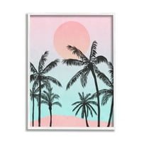 Stupell Industries Tropikal Sunrise Sunset Beach Palmiye Ağaçları Siluet Kolaj Grafik Sanatı Beyaz Çerçeveli Sanat
