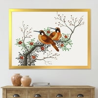 Çiçekli Ağaç Dalı İle İki Çin Kuşlar Çerçeveli Boyama Tuval Sanat Baskı