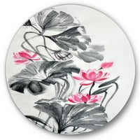 Designart 'Pembe Vintage Lotus Çiçeği ve Tek Renkli Yapraklar' Geleneksel Daire Metal Duvar Sanatı - 36'lık Disk