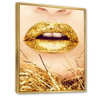 Designart 'Close-Up Altın Kadın Dudaklar I' Modern Çerçeveli Tuval Duvar Sanatı Baskı