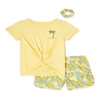 Tatlı Kelebek Kız Büküm Ön Grafik Üst ve Çiçek Baskı Şort Eşleşen Scrunchie, 2 Parça Kıyafet Seti, boyutları 4-16
